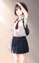 Rule 34 | 1girl, absurdres, arm up, armpits, backpack, bag, black bag, blue skirt, blush, bob cut, bottle, breasts, brown background, brown eyes, brown hair, commentary, cowboy shot, dress slip, drink, furrowed brow, highres, holding, holding bottle, holding drink, light frown, looking ahead, necktie, original, plastic bottle, pleated skirt, red necktie, school uniform, shading eyes, shirt, short hair, short necktie, skirt, small breasts, solo, standing, sweat, sweatdrop, t.r, uniform, water bottle, white shirt