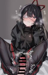 Rule 34 | 1girl, absurdres, bar censor, black eyes, black hair, black pantyhose, black skirt, black sweater, blush, censored, commission, eyepatch, footjob, hair ribbon, high ponytail, highres, library of ruina, long hair, looking at viewer, medical eyepatch, mosaic censoring, mu46016419, multicolored hair, pantyhose, parted lips, penis, pleated skirt, project moon, red ribbon, ribbon, skeb commission, skirt, solo, streaked hair, sweat, sweater, tenma (project moon), two-footed footjob, very long hair