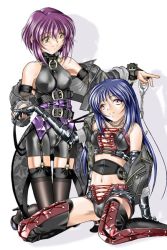 Rule 34 | blue hair, collar, cuffs, elbow gloves, gloves, handcuffs, jacket, jewelry, latex, leather, necklace, purple hair, thighhighs, yitsuse masami