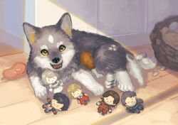 Rule 34 | 1girl, 4boys, ambrosia (ff16), animal, beard stubble, black hair, blonde hair, brothers, brown hair, byron rosfield, clive rosfield, dog, dress, elwin rosfield, facial hair, father and son, final fantasy, final fantasy xvi, gloves, grey hair, grey wolf, highres, jill warrick, joshua rosfield, looking at viewer, lying, multiple boys, on side, puppy, red gloves, red robe, robe, siblings, soul (tamashii), stubble, torgal (ff16), uncle and nephew, white dress, wolf, wooden floor, yellow eyes