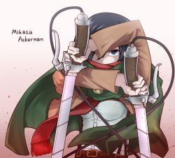 Rule 34 | 1girl, absurdres, belt, black eyes, black hair, breasts, brown jacket, character name, commentary request, highres, holding, holding weapon, jacket, jipponwazaari, looking at viewer, medium breasts, mikasa ackerman, one eye covered, paradis military uniform, red scarf, scarf, shingeki no kyojin, shirt, short hair, simple background, solo, sword, thigh strap, three-dimensional maneuver gear, upper body, weapon, white background, white shirt