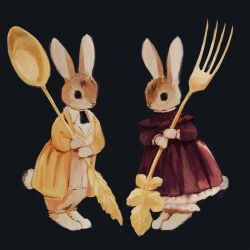 Rule 34 | ambiguous gender, animal, animal focus, barefoot, black background, black eyes, cardigan, clothed animal, collared shirt, cutlery, dress, fork, frilled dress, frills, full body, gold cutlery, gold fork, gold spoon, highres, holding, holding fork, holding spoon, leaf cutlery, leaf spoon, no humans, original, peter pan collar, puffy pants, rabbit, red dress, shirt, spoon, tono (rt0no), yellow cardigan