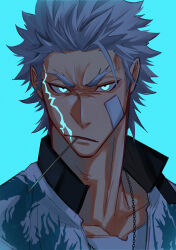 Rule 34 | 1boy, absurdres, bandage on face, bandages, blue background, blue eyes, chain, chain necklace, collared jacket, dragon print, facial scar, fate/grand order, fate (series), glowing, glowing eyes, glowing scar, grey hair, hair slicked back, haruakira, highres, jacket, jewelry, male focus, mouth hold, nagakura shinpachi (fate), necklace, portrait, scar, scar on cheek, scar on face, short hair, simple background, stalk in mouth