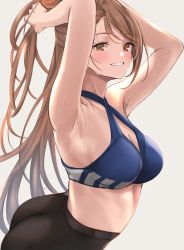 Rule 34 | 1girl, absurdres, armpits, arms behind head, arms up, ass, bare shoulders, beatrix (granblue fantasy), black pants, blue bra, blush, bra, breasts, brown eyes, brown hair, cleavage, granblue fantasy, grin, highres, long hair, looking at viewer, medium breasts, pants, ponytail, renzu (lens 02), simple background, smile, solo, sports bra, sweat, swept bangs, tight clothes, tight pants, tying hair, underwear, yoga pants