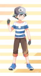 Rule 34 | 1boy, ash ketchum, bad id, bad pixiv id, baseball cap, black gloves, black hair, blue footwear, brown eyes, brown legwear, collarbone, cosplay, creatures (company), elio (pokemon), elio (pokemon) (cosplay), fingerless gloves, fist pump, full body, game freak, gloves, hat, leather, leather gloves, male focus, mei (maysroom), nintendo, pokemon, pokemon (anime), pokemon sm, pokemon sm (anime), shirt, shoes, smile, sneakers, solo, spiked hair, striped background, striped clothes, striped shirt, tagme