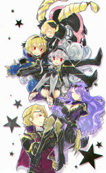 Rule 34 | 2boys, 3girls, armor, bad id, bad pixiv id, blonde hair, breasts, brother and sister, brothers, camilla (fire emblem), cleavage, closed eyes, corrin (female) (fire emblem), corrin (fire emblem), dress, elise (fire emblem), fire emblem, fire emblem fates, gloves, hair over one eye, hair ribbon, hairband, highres, large breasts, leo (fire emblem), long hair, multiple boys, multiple girls, nintendo, nunuko (mu661129), pointy ears, purple hair, red eyes, ribbon, siblings, simple background, sisters, twintails, xander (fire emblem)