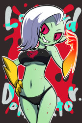 Rule 34 | 1girl, black panties, black shirt, blouse, breasts, character name, cleavage, colored skin, disney, freckles, gauntlets, glowing, glowing hand, green skin, hand on own hip, heart, lord dominator, navel, no bra, nollety, outline, panties, pink eyes, pointy ears, shirt, side cut, silver hair, smile, solo, standing, stomach, underwear, v-shaped eyebrows, wander over yonder, white outline