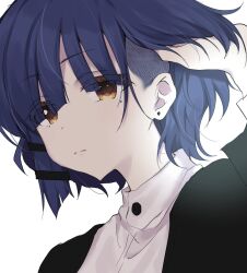 Rule 34 | 1girl, blue hair, bocchi the rock!, earrings, eyes visible through hair, hair tie, highres, holding, holding own hair, jewelry, looking at viewer, mole, mole under eye, short hair, unizuma eleven, yamada ryo, yellow eyes