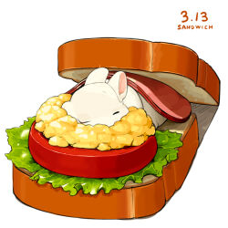 Rule 34 | animal focus, bread, bread slice, commentary, dated, egg (food), english text, food, food focus, lettuce, lilac (p-f easy), no humans, original, rabbit, scrambled egg, simple background, sliced meat, tomato, tomato slice, white background, white fur