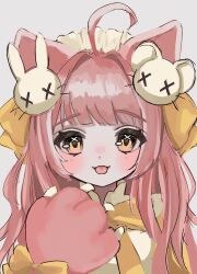 Rule 34 | 1girl, ahoge, animal ears, animal hands, blush, bow, cat ears, gloves, grey background, hair intakes, hair ornament, hair ribbon, hand up, highres, long hair, looking at viewer, mouse hair ornament, neck ribbon, original, paw gloves, pink hair, rabbit hair ornament, ribbon, shiona (siona0625), simple background, solo, straight-on, tongue, tongue out, upper body, yellow bow, yellow eyes, yellow ribbon