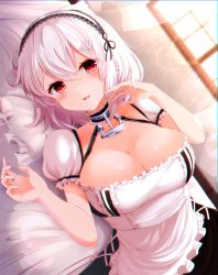 Rule 34 | 1girl, apron, azur lane, black dress, blush, breasts, chromatic aberration, cleavage, collarbone, commentary request, day, dress, fingernails, frilled apron, frilled pillow, frills, hair between eyes, hairband, hands up, highres, indoors, lace-trimmed hairband, lace trim, large breasts, looking at viewer, lying, maid, on side, parted lips, pillow, puffy short sleeves, puffy sleeves, red eyes, shiira (nya rl), short sleeves, sirius (azur lane), solo, sunlight, waist apron, white apron, white hair, white hairband, window