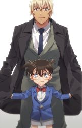Rule 34 | 2boys, amuro tooru, black-framed eyewear, black coat, blazer, blonde hair, blue eyes, blue jacket, blue neckwear, blurry, bow, bowtie, brown hair, child, closed mouth, coat, collared shirt, commentary request, depth of field, edogawa conan, formal, glasses, grey jacket, grey pants, grey shorts, grey suit, hair between eyes, hands in pockets, height difference, jacket, k (gear labo), long sleeves, looking at viewer, male focus, meitantei conan, multiple boys, necktie, open clothes, open coat, outstretched arms, pants, red bow, red neckwear, shirt, short hair, shorts, simple background, smile, spread arms, standing, suit, white background, white shirt
