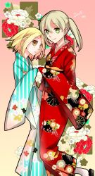Rule 34 | 2girls, blonde hair, brown hair, closed mouth, dated, floral background, green eyes, highres, japanese clothes, kimono, long hair, looking at viewer, maka albarn, medium hair, multiple girls, open mouth, satoimo (3311 mi), smile, soul eater, twintails