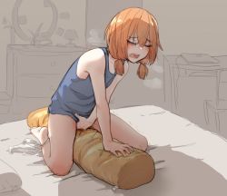Rule 34 | 1girl, arm support, bare arms, bare legs, bare shoulders, barefoot, blue shirt, blush, closed eyes, commentary, english commentary, female masturbation, fingering, indoors, kneeling, leaf girl (popopoka), low twintails, masturbation, medium hair, open mouth, orange hair, original, panties, panties around leg, pillow, pillow sex, popopoka, saliva, shirt, solo, trembling, twintails, underwear, white panties