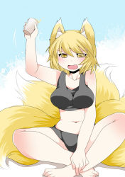 Rule 34 | 1girl, animal ears, bad id, bad pixiv id, barefoot, blonde hair, blush, collarbone, cup, female focus, fox ears, fox tail, hammer (sunset beach), hat, multiple tails, navel, open mouth, short hair, sitting, solo, tail, tank top, touhou, underwear, underwear only, yakumo ran, yellow eyes