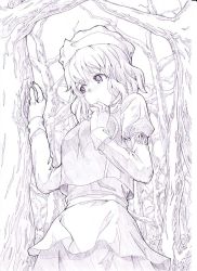 Rule 34 | 1girl, forest, graphite (medium), greyscale, letty whiterock, monochrome, nature, sketch, solo, touhou, traditional media, tree, wrr, wrwr