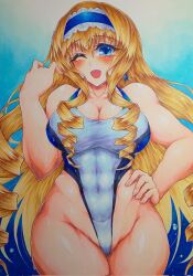 Rule 34 | 1girl, blonde hair, blue eyes, bow, breasts, cecilia alcott, cleavage, covered navel, drill hair, hair bow, hand on own hip, highres, infinite stratos, large breasts, legs, long hair, looking at viewer, one-piece swimsuit, one eye closed, smile, swimsuit, thick thighs, thighs, traditional media, wet, wide sleeves, wink