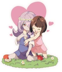 Rule 34 | 2girls, black footwear, blue dress, blush stickers, brown hair, closed mouth, commentary request, dress, closed eyes, flower, grass, hair over one eye, half-closed eye, heart, hug, implied yuri, kagari atsuko, kneeling, little witch academia, long hair, multiple girls, open mouth, pink dress, pink hair, popopo, raised eyebrows, red eyes, red footwear, shoes, short hair, short sleeves, simple background, sitting, smile, sucy manbavaran, white background, aged down