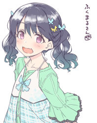 Rule 34 | 1girl, akane yuki, black hair, butterfly hair ornament, commentary request, dress, fangs, fukumaru koito, green shirt, hair ornament, idolmaster, idolmaster shiny colors, looking at viewer, purple eyes, shirt, skin fangs, solo, swept bangs, twintails, upper body, white background