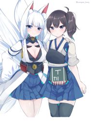 Rule 34 | 2girls, animal ears, azur lane, black thighhighs, blue eyes, blush, breasts, brown hair, cleavage, eyeshadow, fox ears, fox tail, hakama, hakama short skirt, hakama skirt, hand on another&#039;s shoulder, hand on own hip, highres, historical name connection, japanese clothes, kaga (azur lane), kaga (kancolle), kantai collection, large breasts, looking at viewer, makeup, multiple girls, multiple tails, muneate, name connection, ougi hina, pleated skirt, red eyeshadow, short hair, side ponytail, skirt, smile, tabi, tail, thighhighs, voice actor connection, white background, white hair, wide sleeves