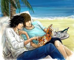 Rule 34 | 00s, beach, black hair, brown hair, death note, l (death note), magazine (object), ocean, playboy, reading, sitting, smile, tree, yagami light