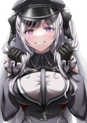 Rule 34 | 1girl, azur lane, black gloves, black headwear, blush, breasts, cross, elbe (azur lane), gloves, hair ribbon, hands in hair, highres, iron cross, large breasts, long hair, looking at viewer, naga (pixiv70891418), open mouth, purple eyes, ribbon, silver hair, smile, solo, teeth, twintails, upper body, white background