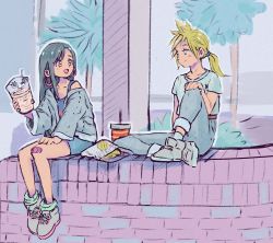 Rule 34 | 1boy, 1girl, 80s, absurdres, bandaid, bandaid on knee, bandaid on leg, black hair, blonde hair, blue eyes, blue pants, blue skirt, blush, chips (food), cloud strife, drink, earrings, final fantasy, final fantasy vii, food, full body, highres, holding, holding drink, hugo artist, jacket, jewelry, long hair, long sleeves, looking at another, low ponytail, off shoulder, oldschool, open mouth, outdoors, pants, potato chips, red eyes, retro artstyle, shirt, shoes, single bare shoulder, sitting, skirt, smile, spiked hair, square enix, tifa lockhart, tree, white shirt