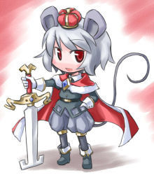 Rule 34 | 1girl, animal ears, crown, female focus, full body, grey hair, kugelschreiber, mouse ears, mouse tail, nazrin, red eyes, short hair, solo, sword, tail, touhou, weapon