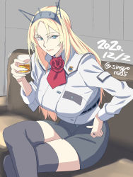 Rule 34 | 1girl, alcohol, ascot, black thighhighs, blonde hair, blue eyes, breasts, couch, cowboy shot, crossed legs, dated, flower, glass, headgear, highres, kantai collection, large breasts, long sleeves, military, military uniform, nelson (kancolle), one-hour drawing challenge, pencil skirt, red ascot, red flower, red rose, rose, shingyou (alexander-13), sitting, skirt, solo, thighhighs, twitter username, uniform