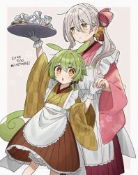 Rule 34 | 1boy, 1girl, :o, animal ears, apron, arm up, bell, blush, border, bow, braid, brown skirt, closed mouth, cone huraku, crossdressing, dated, feet out of frame, frilled apron, frills, frown, gloves, green hair, grey background, grey hair, hair bell, hair between eyes, hair bow, hair ornament, holding, holding hands, holding tray, iori yuzuru, japanese clothes, jingle bell, kimono, long hair, long sleeves, looking at viewer, maid, maid day, open mouth, orange eyes, pink bow, pink kimono, pleated skirt, ponytail, rabbit ears, side braid, sidelocks, simple background, skirt, sweatdrop, tray, twitter username, voiceroid, voicevox, wa maid, white apron, white border, white gloves, wide sleeves, yellow kimono, zundamon