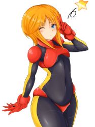 Rule 34 | 1girl, blue eyes, bodysuit, commentary request, gloves, gundam, highres, looking at viewer, medium hair, one eye closed, orange hair, pilot suit, puru two, ryou (619-619), short hair, sidelocks, simple background, solo, standing, white background