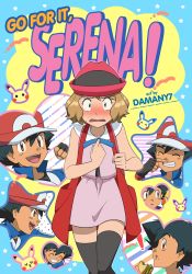 Rule 34 | !, 1boy, 1girl, artist name, ash ketchum, bare arms, black thighhighs, blue eyes, blue ribbon, blush, brown hair, character name, collarbone, commentary, cover, cover page, creatures (company), damany7, dress, english text, eyelashes, game freak, ganbare! nakamura-kun!!, gen 1 pokemon, hat, heart, highres, neck ribbon, nintendo, open mouth, pikachu, pink headwear, pokemon, pokemon (anime), pokemon xy (anime), ribbon, serena (pokemon), short hair, star (symbol), thighhighs, tongue