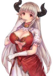 Rule 34 | 10s, 1girl, alicia (granblue fantasy), bad id, bad pixiv id, breasts, center opening, cleavage, draph, dress, earrings, gloves, granblue fantasy, horns, jewelry, large breasts, long hair, pointy ears, puffy sleeves, red eyes, silver hair, solo, urokoda, white gloves
