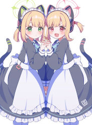 Rule 34 | 2girls, animal ear headphones, animal ears, apron, black dress, blue archive, blue ribbon, blush, cat ear headphones, cat tail, commentary request, dress, fake animal ears, feet out of frame, green eyes, green halo, halo, headphones, highres, holding hands, long sleeves, looking at viewer, maid, maid apron, maid headdress, midori (blue archive), midori (maid) (blue archive), momoi (blue archive), momoi (maid) (blue archive), multiple girls, neck ribbon, one side up, open mouth, orange hair, pink eyes, pink halo, puffy long sleeves, puffy sleeves, punapuraaa, ribbon, short hair, siblings, sidelocks, simple background, sisters, smile, standing, tail, white apron, white background