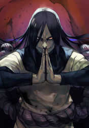 Rule 34 | 1boy, black hair, colored skin, facing viewer, grey skin, hungry clicker, long hair, looking at viewer, male focus, naruto, naruto (series), orochimaru (naruto), own hands together, red background, rope belt, slit pupils, smile, solo, upper body, yellow eyes