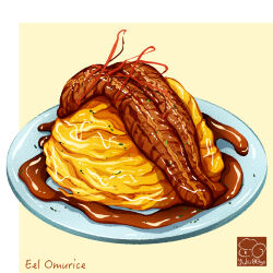 Rule 34 | artist logo, eel, fish (food), food, food focus, grilled eel, highres, meat, no humans, omelet, omurice, original, plate, sauce, yuki00yo