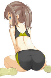 Rule 34 | 1girl, arm support, ass, blue eyes, blush, brown hair, from behind, kuro (be ok), looking at viewer, looking back, midriff, original, ponytail, serious, short hair, sitting, solo, sports bikini, sports bra, sweat, wariza, white background