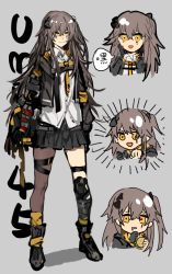 Rule 34 | 1girl, :d, black footwear, black gloves, black jacket, black skirt, boots, brown hair, brown thighhighs, burger, character name, chocolint, closed mouth, food, full body, girls&#039; frontline, gloves, grey background, hair between eyes, hair ornament, highres, holding, holding food, jacket, knee pads, long hair, long sleeves, looking at viewer, open mouth, polo shirt, saliva, scar, scar across eye, scar on face, shirt, side ponytail, simple background, single glove, single knee pad, single thighhigh, skirt, smile, solo, thighhighs, ump45 (girls&#039; frontline), ump45 (mod3) (girls&#039; frontline), white shirt, yellow eyes