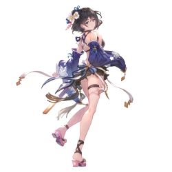 Rule 34 | 1girl, black eyes, black hair, breasts, detached sleeves, flower, full body, granblue fantasy, hair flower, hair ornament, looking at viewer, looking back, medium breasts, official art, parted lips, shion (granblue fantasy), shion (summer) (granblue fantasy), short hair, simple background, solo, standing, standing on one leg, swimsuit, thigh strap, transparent background