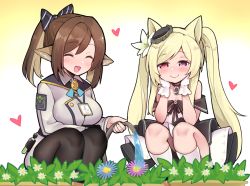 Rule 34 | 2girls, animal ears, arknights, black bow, black legwear, blonde hair, blue flower, blush, bow, brown hair, cat ears, commentary, ditienan ddn, closed eyes, flower, fox ears, gloves, hair bow, hair flower, hair ornament, hat, heart, heterochromia, mini hat, multiple girls, nightmare (arknights), nightmare (light and shadow) (arknights), official alternate costume, pantyhose, perfumer (arknights), perfumer (species plantarum) (arknights), pink eyes, plant, purple eyes, purple flower, squatting, twintails, watering, white flower, white gloves