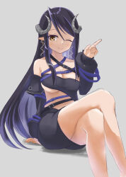 Rule 34 | 1girl, absurdres, bandeau, belt, black bandeau, black belt, black hair, black jacket, black skirt, blue belt, blue hair, blush, breasts, brown eyes, chest belt, cleavage, closed mouth, collarbone, commentary, crossed legs, curled horns, demon girl, demon horns, earrings, feet out of frame, grey background, grey horns, hair between eyes, hebiyoi tier, hebiyoi tier (1st costume), highres, horns, index finger raised, jacket, jewelry, large breasts, long hair, long sleeves, mitsuru aga, multicolored hair, nanashi inc., off shoulder, one eye closed, open clothes, open jacket, pointy ears, sidelocks, sitting, skirt, smile, snake bite, solo, two-tone hair, virtual youtuber