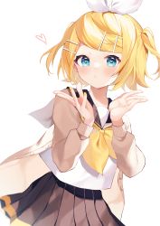 Rule 34 | 1girl, absurdres, alternate hairstyle, aqua eyes, black skirt, blonde hair, blowing kiss, blush, bow, brown cardigan, cardigan, commentary, hair bow, hair ornament, hairpin, heart, heart in eye, highres, kagamine rin, looking at viewer, neckerchief, niwa (niwaniwa 1227), one side up, pleated skirt, school uniform, serafuku, short twintails, simple background, skirt, solo, swept bangs, symbol in eye, twintails, vocaloid, white background, white bow, yellow neckerchief
