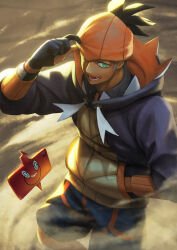 1boy absurdres adjusting_clothes adjusting_headwear black_gloves black_jacket creatures_(company) dark-skinned_male dark_skin game_freak gen_4_pokemon gloves green_eyes hand_in_pocket hat highres hood hood_down hooded_jacket jacket male_focus nintendo orange_hat pokemon pokemon_(creature) pokemon_swsh raihan_(pokemon) rotom rotom_phone t@kuyoa teeth