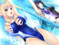 Rule 34 | 10s, 2girls, alice weinberg, bertille althusser, blonde hair, blue eyes, breasts, competition swimsuit, drill hair, game cg, komori kei, large breasts, long hair, multiple girls, one-piece swimsuit, pool, purple eyes, purple hair, swimsuit, twin drills, walkure romanze, walkure romanze more &amp; more, water