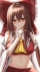 Rule 34 | 1girl, 7saki, ascot, bare shoulders, bow, breasts, brown eyes, collar, detached sleeves, hair bow, hair tubes, hakurei reimu, hand on own chin, highres, large breasts, long hair, midriff, navel, nontraditional miko, red bow, red shirt, ribbon-trimmed sleeves, ribbon trim, shirt, sidelocks, simple background, sleeveless, smile, solo, stomach, touhou, upper body, white background, white collar, yellow ascot