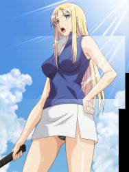 Rule 34 | 1girl, absurdres, black panties, blonde hair, breasts, date wingfield reiko, fault!!, green eyes, hand on own hip, highres, large breasts, long hair, open mouth, panties, racket, serious, skirt, sleeveless, stitched, tennis racket, third-party edit, underwear