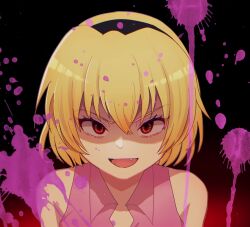 Rule 34 | 1girl, :d, bare shoulders, black background, black hairband, blonde hair, blood, blood splatter, close-up, collared shirt, commentary, evil smile, eyelashes, fang, gradient background, hairband, highres, higurashi no naku koro ni, houjou satoko, looking at viewer, open mouth, pink shirt, red background, red eyes, shaded face, shirt, short hair, simple background, sleeveless, sleeveless shirt, slit pupils, smile, solo, straight-on, upturned eyes, v-shaped eyebrows, yuno ff