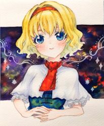 Rule 34 | 1girl, alice margatroid, blonde hair, blue dress, blue eyes, bow, capelet, dress, hair bow, hairband, looking at viewer, painting (medium), puffy short sleeves, puffy sleeves, red neckwear, selenium, short hair, short sleeves, solo, touhou, traditional media, watercolor (medium), white capelet