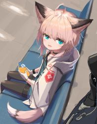 Rule 34 | 1girl, :d, ^ ^, absurdres, ahoge, animal ears, arknights, black choker, black pantyhose, black skirt, black wristband, blue eyes, blue shirt, bottle, brown hair, choker, closed eyes, couch, doctor (arknights), flat chest, fox ears, fox girl, fox tail, gloves, highres, holding, holding bottle, infection monitor (arknights), izumo (ton 63), jacket, looking at viewer, open clothes, open jacket, open mouth, pantyhose, shirt, sitting, skirt, smile, solo focus, sussurro (arknights), tail, white gloves, white jacket