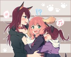Rule 34 | !?, 3girls, :d, ^ ^, animal ears, bang dream!, blue eyes, blush, child, closed eyes, clothes tug, collar, dog ears, dog tail, dual persona, closed eyes, fang, girl sandwich, green eyes, hood, hood down, hooded jacket, hoodie, jacket, kemonomimi mode, long sleeves, low twintails, multiple girls, musical note, open mouth, outline, paw print, pink hair, ponytail, purple hoodie, re ghotion, red collar, red hair, sandwiched, shirt, smile, spoken blush, spoken musical note, sweatdrop, tail, time paradox, twintails, udagawa tomoe, uehara himari, v-shaped eyebrows, white outline, aged down